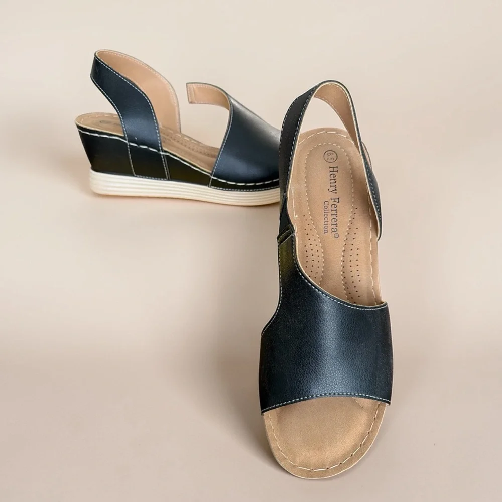 Henry Ferrera Wedge Slingback Sandals Black Size 8.5 NIB Spring Summer Comfort - Picture 4 of 5